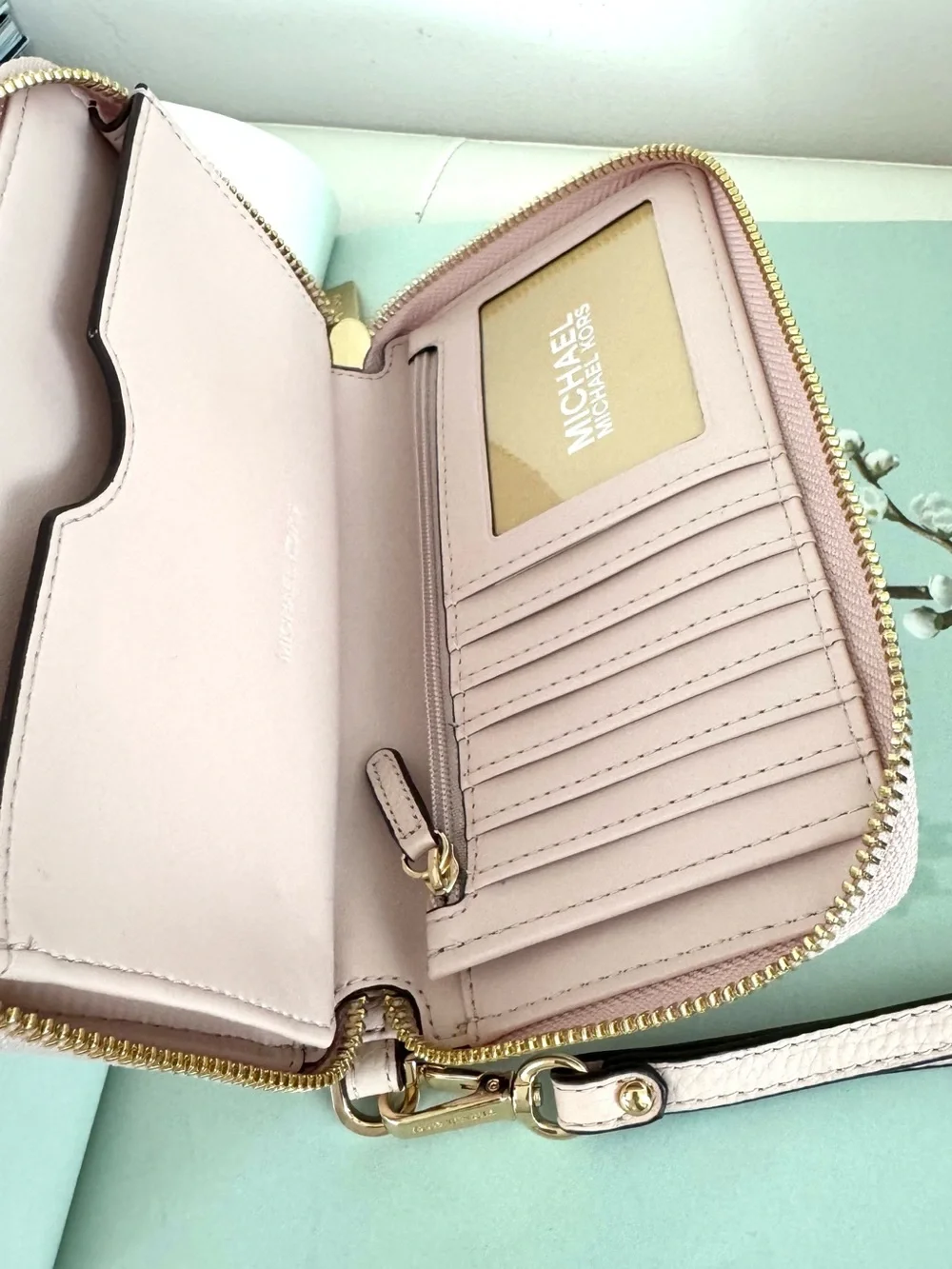 Michael Kors Light Pink Pebbled Leather Zip Wristlet Wallet with Gold Hardware